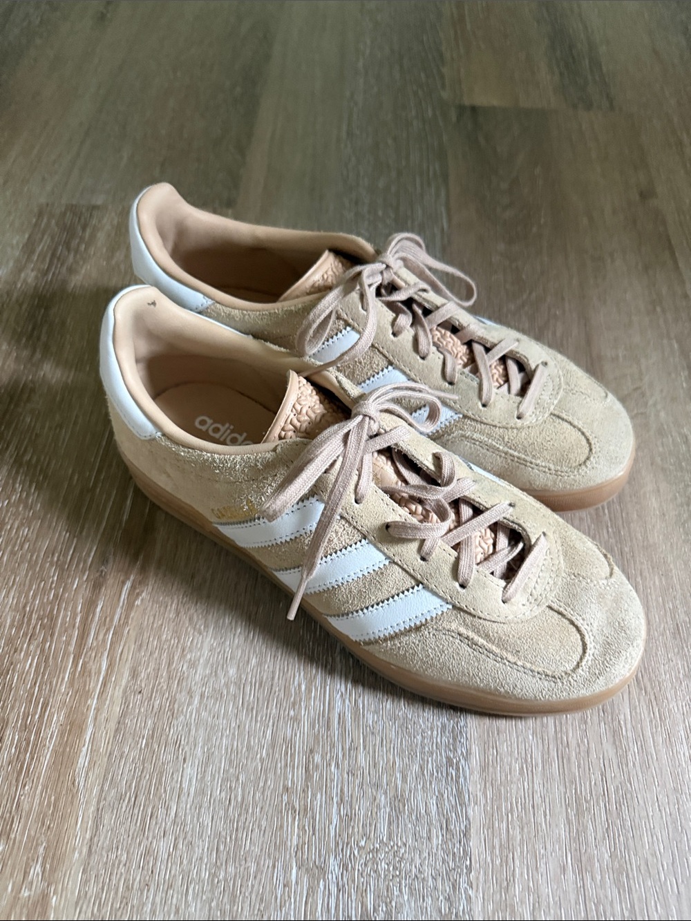 adidas gazelle Tan Suede Sneakers with White Stripes